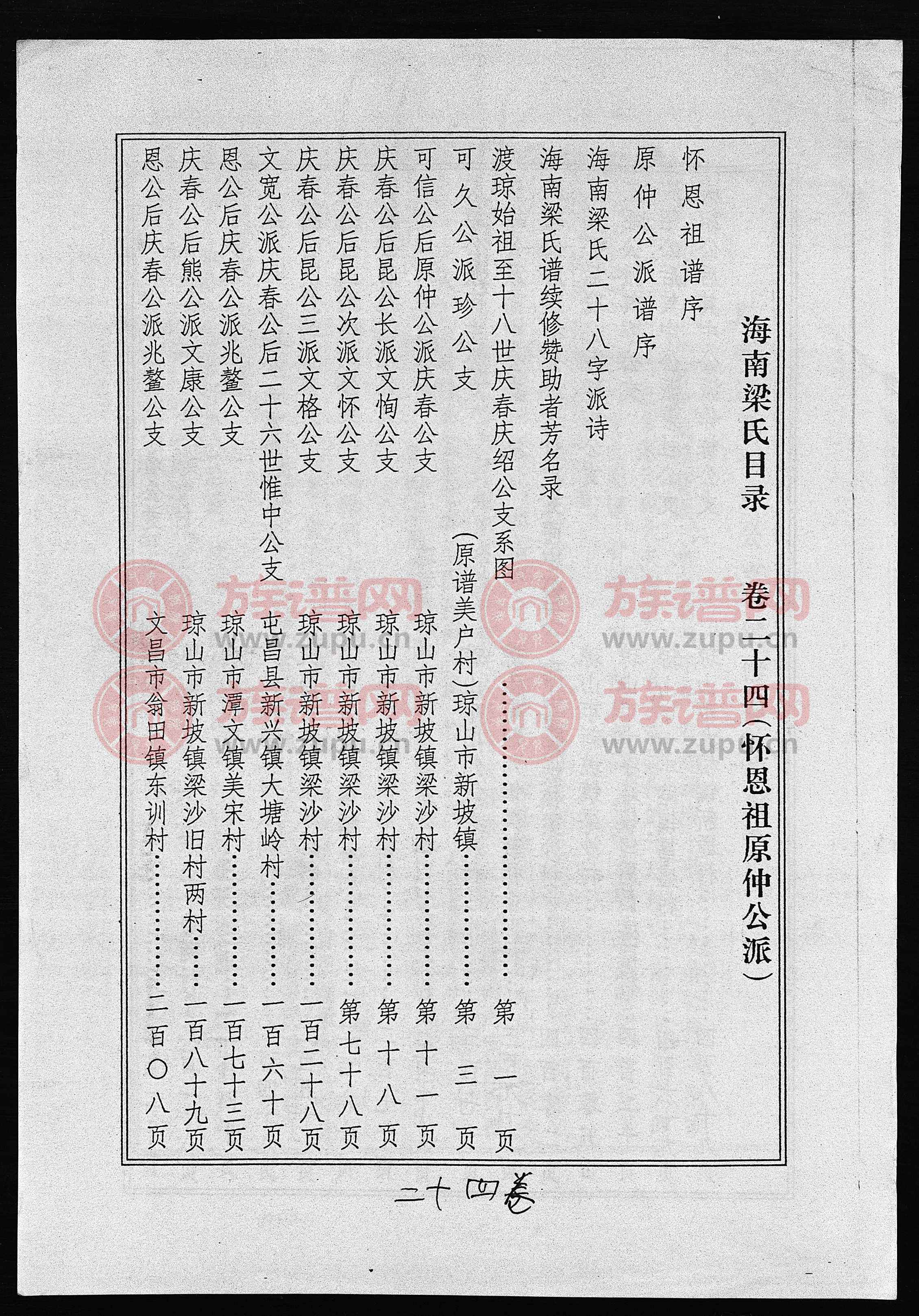 海南梁氏谱 [56卷,含卷首]第24本 - 梁氏堂号字辈查阅