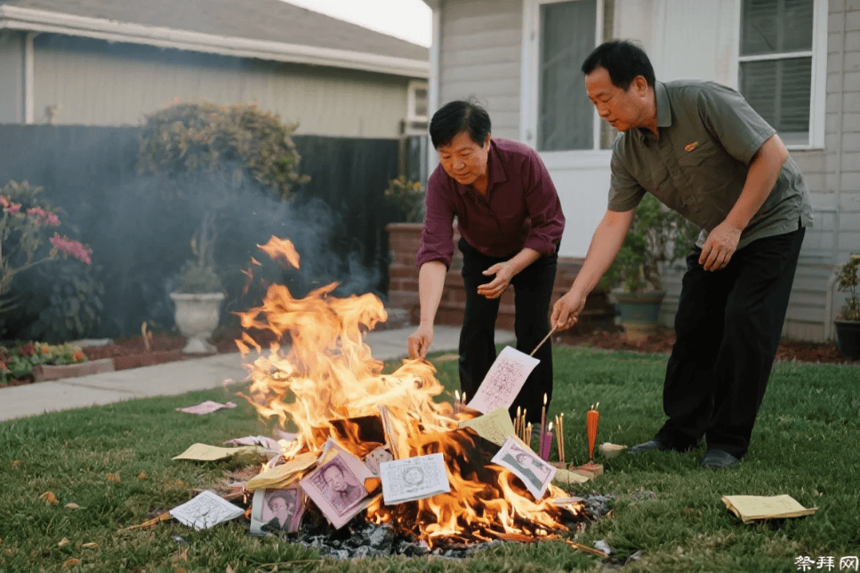 海外华人祭祀,有的驱车几小时去当地华人公墓,有的在自家后院烧纸