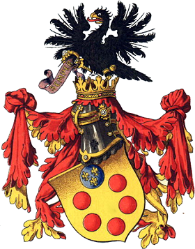 美第奇家族徽章家徽上六个圆形图案,最上方蓝底尾鸢花代表与法国皇室