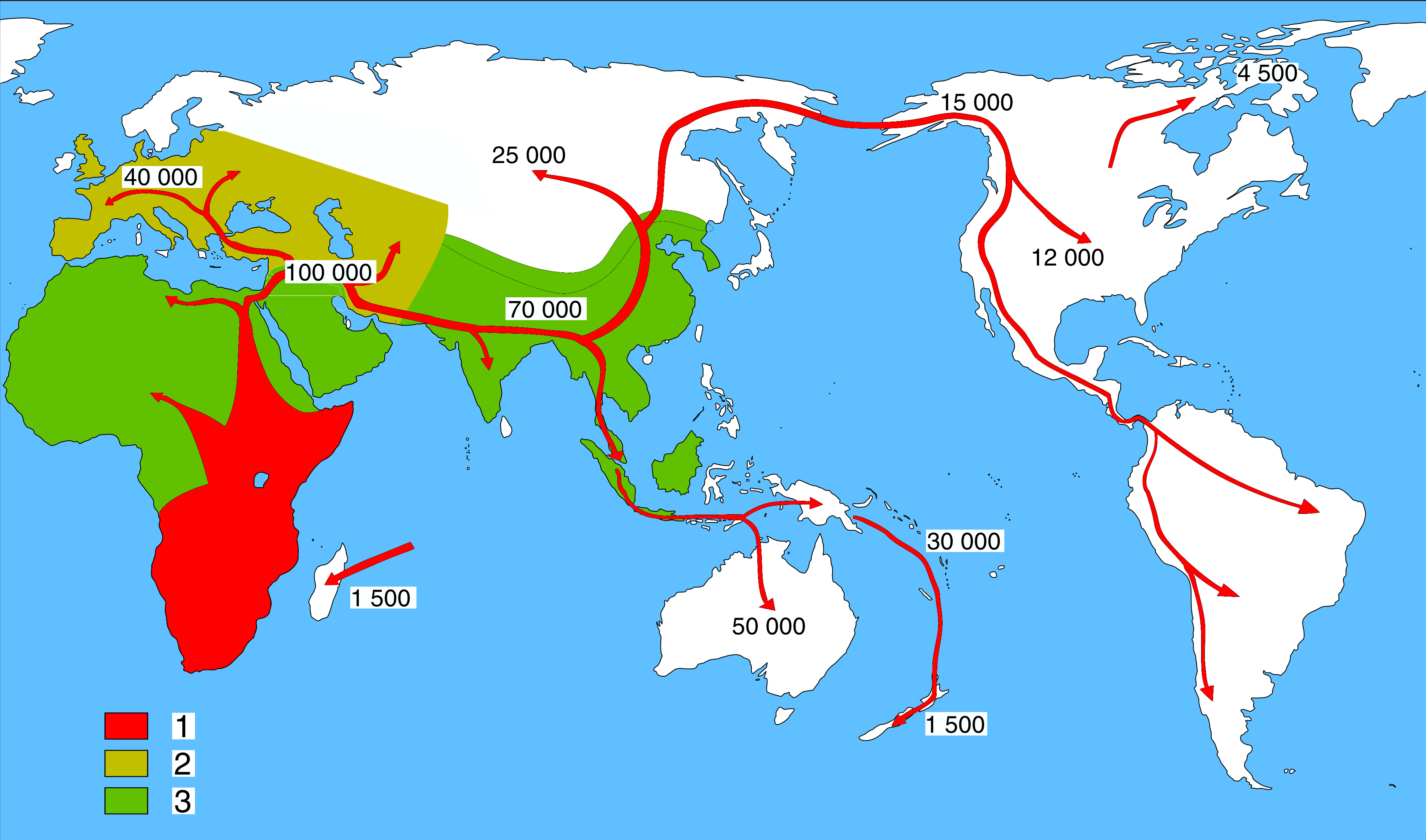 早期人类迁徙地图 1智人 2尼安德塔人 3