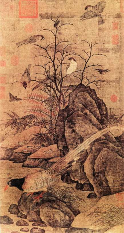 名家画作欣赏，五代十国画家黄居寀《山鹧棘雀图》